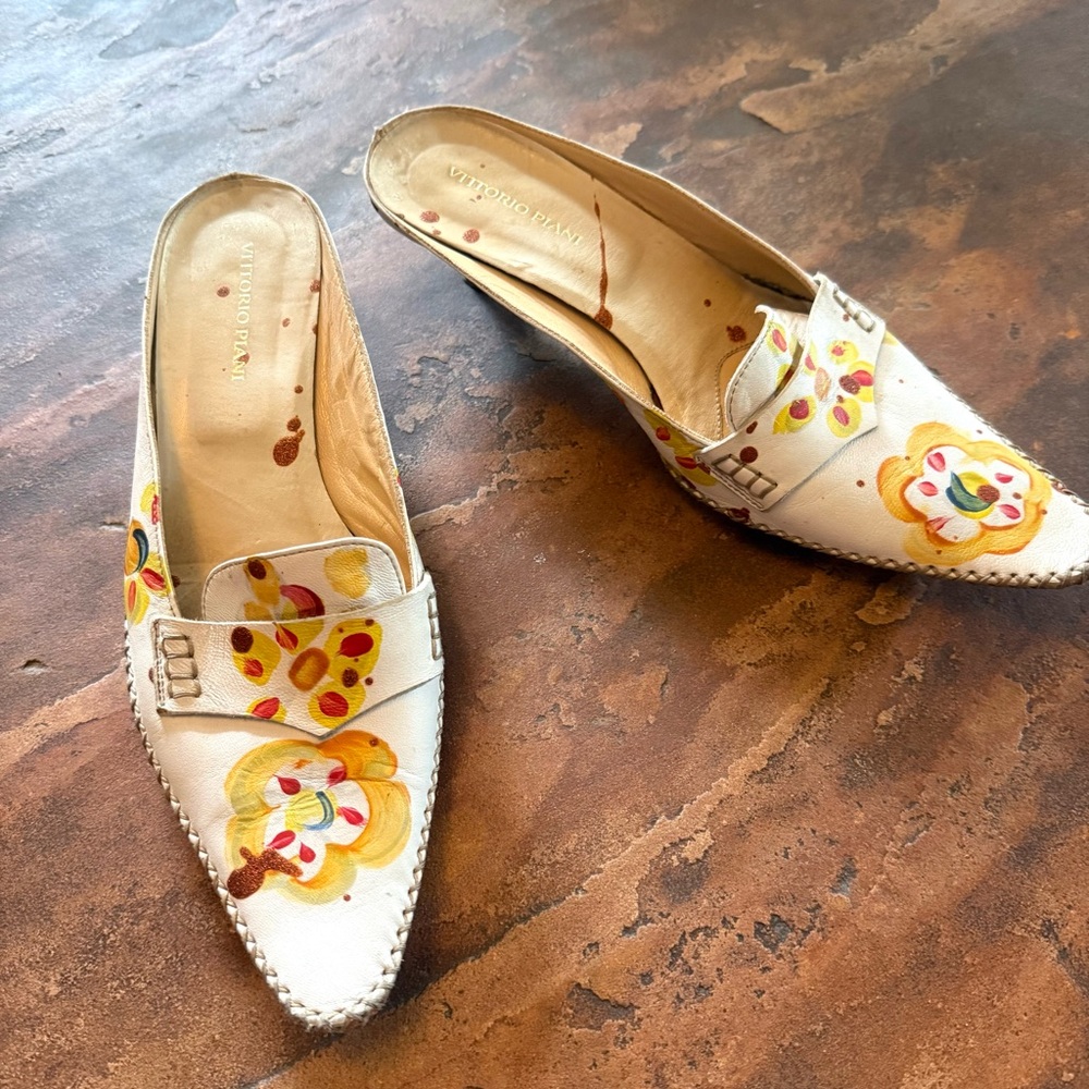Vittorio White and Yellow Mules with Floral Embellishments